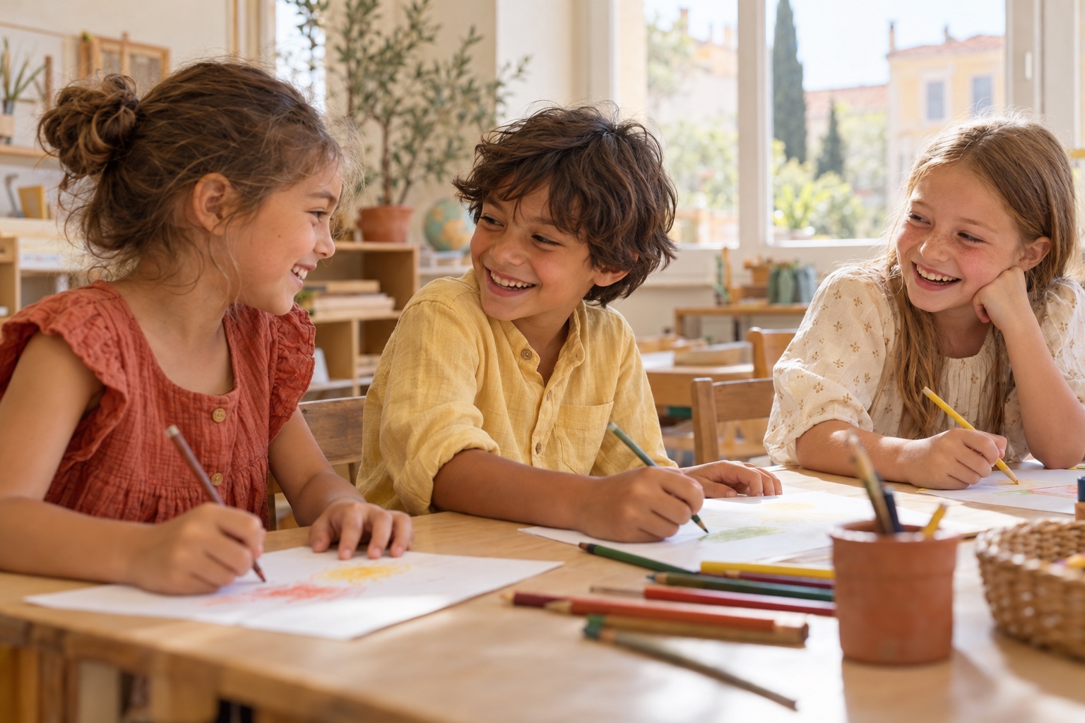 AI concept: three children share a laugh while drawing together in a sunlit classroom.
