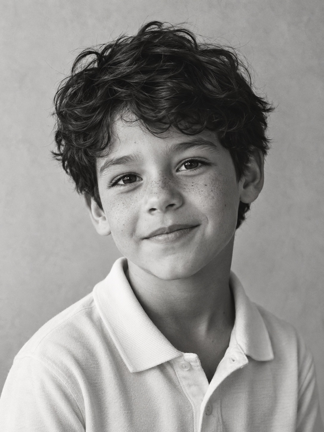 AI concept: a child with wavy hair and freckles in a natural black-and-white school portrait.