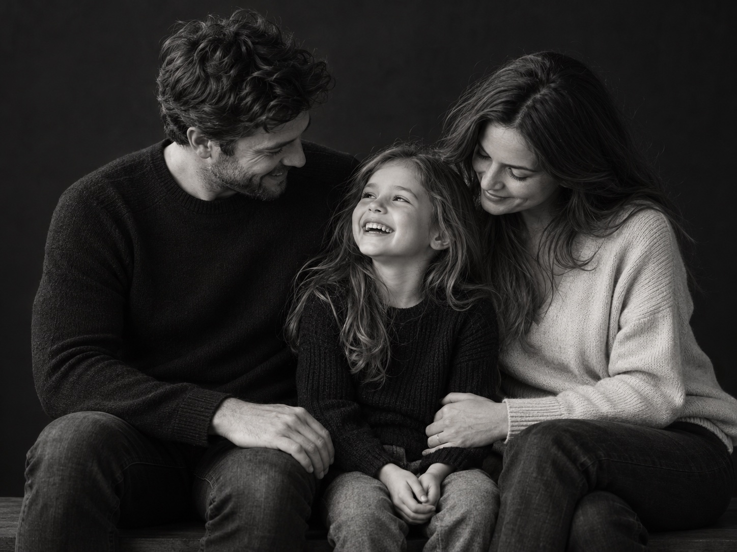 AI concept: a laughing child sits between her parents in a black-and-white studio portrait.